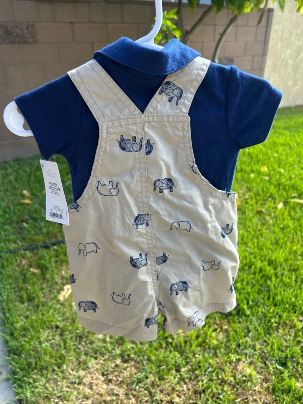 Carter's Navy Polo with Tan Elephant-Print Short Overalls